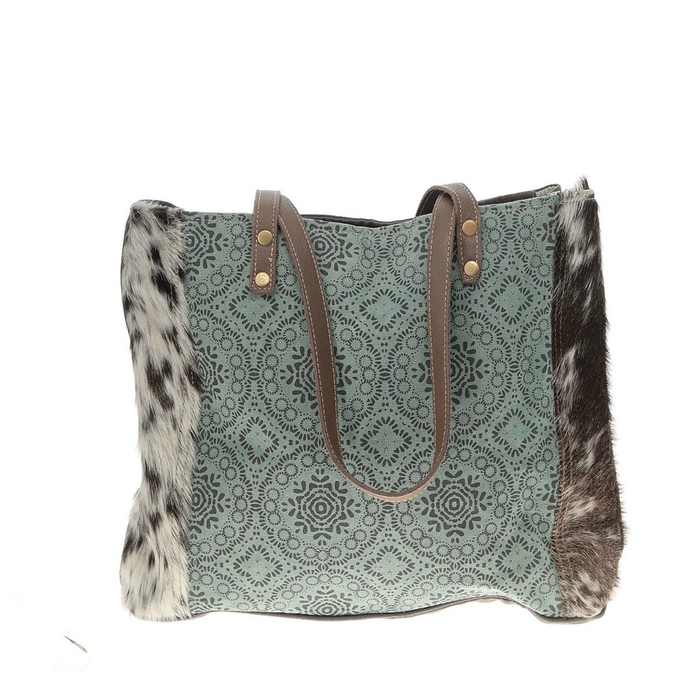Myra Bag Patterned Tote with Brown Handles and Faux Fur Sides